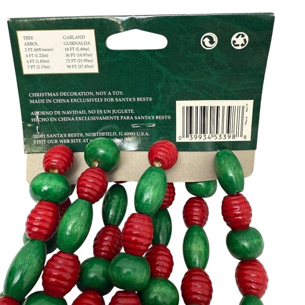 Christmas Garland Wooden Beads 9 Feet Strand Red Green by Santa's Best